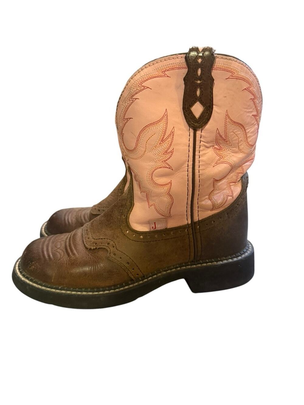 Justin Boots Steel Toe Western Work Boots Pink Shaft Brown Leather Women’s 7.5B